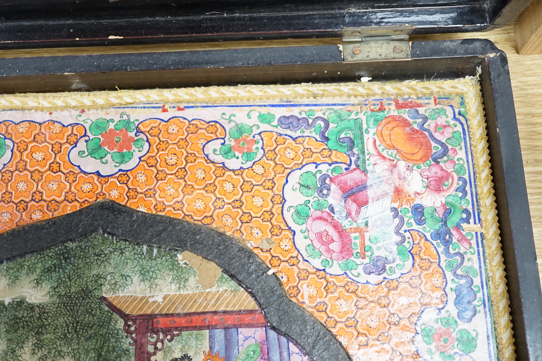 A 19th century Chinese painted panel, in a lacquered box, box 48 x 48cm Ivory Submission reference UW85TZQU